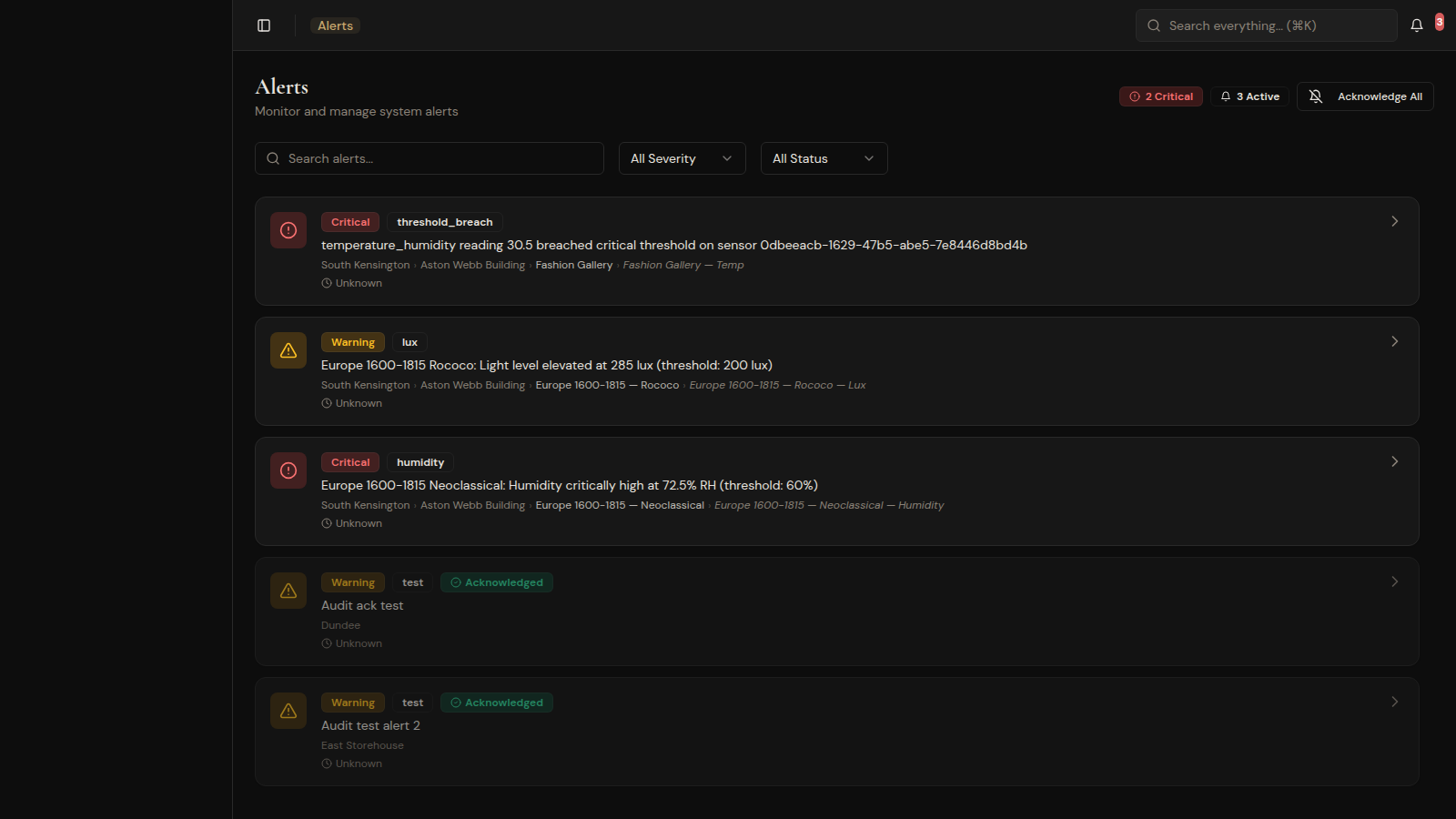 Cur8.art alerts panel showing critical humidity and temperature threshold breaches with severity levels and zone breadcrumbs