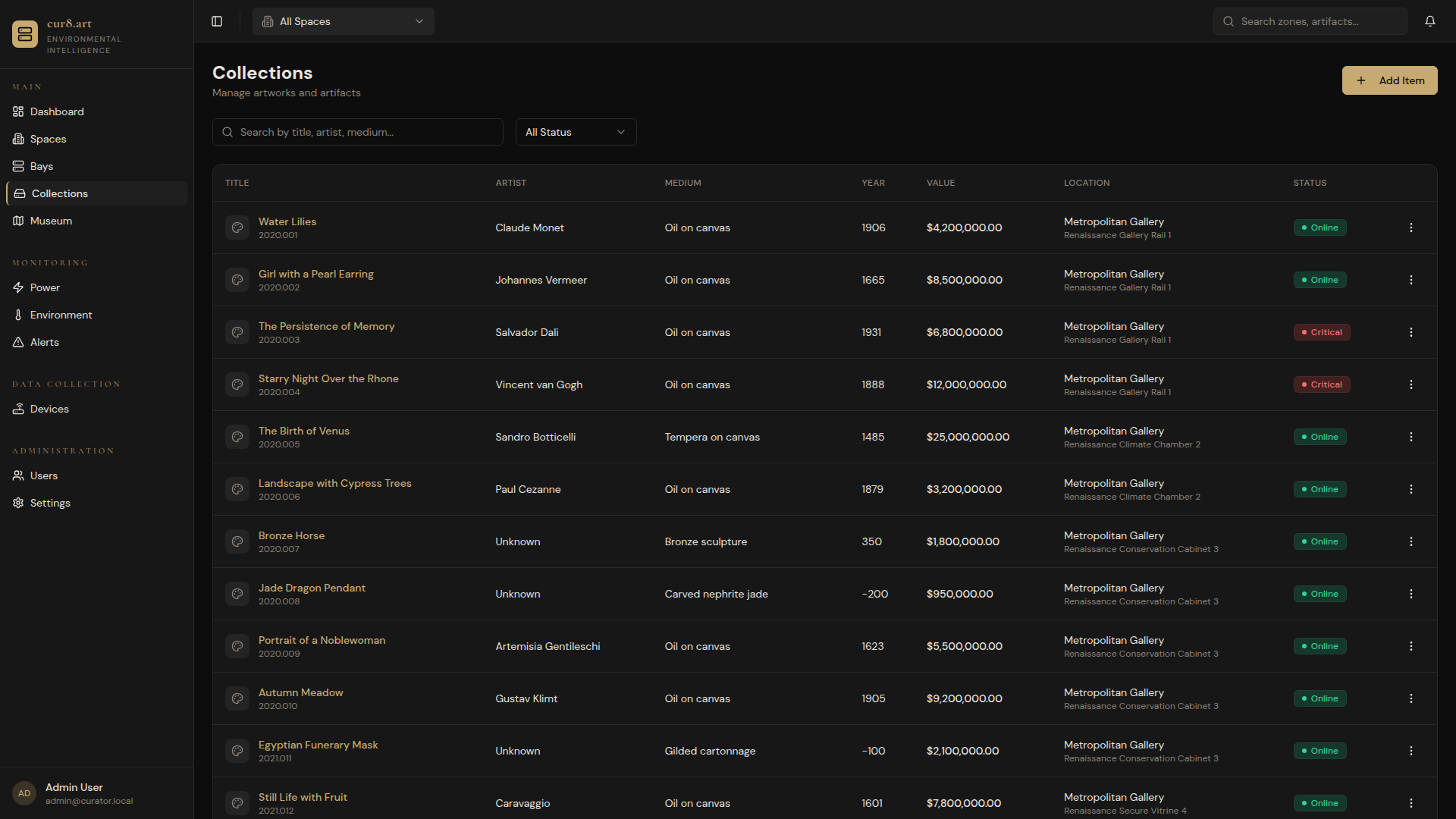 Cur8.art asset management interface displaying artwork collection with thumbnails, environmental status indicators, and detailed metadata