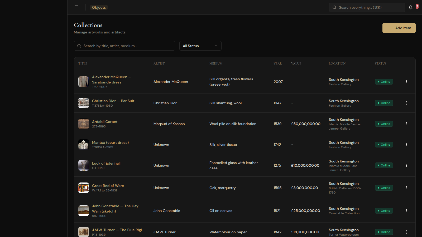 Cur8.art collection management showing artworks with thumbnails, artists, provenance, insurance values, and environmental status