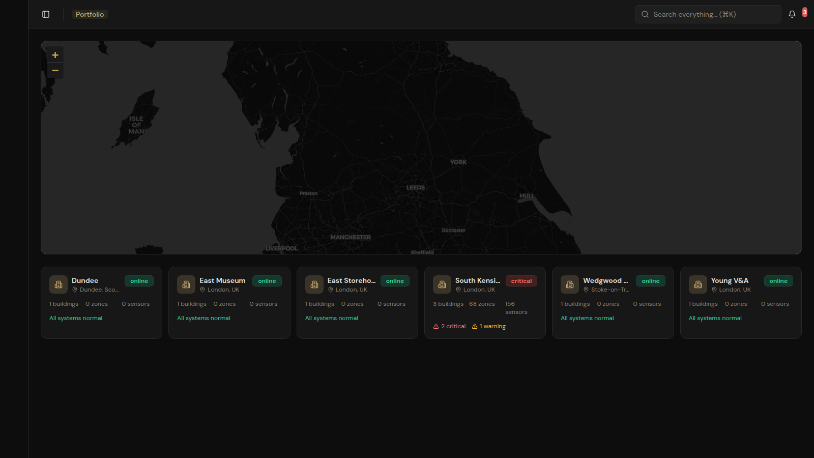 Cur8.art portfolio map showing museum sites across the UK with status indicators and site summary cards